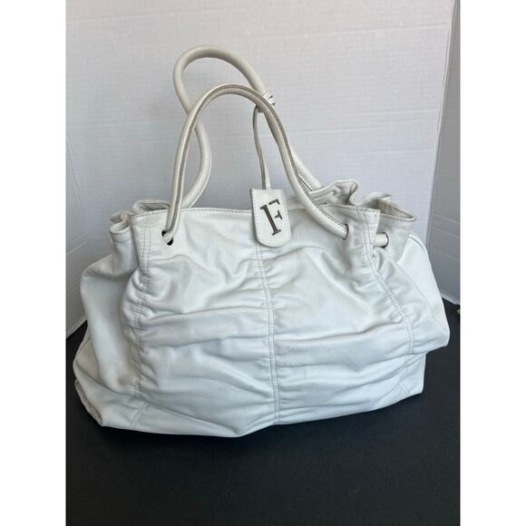 FURLA Ruched White X-Large Leather Shoulder Bag Purse Tote - Picture 1 of 15